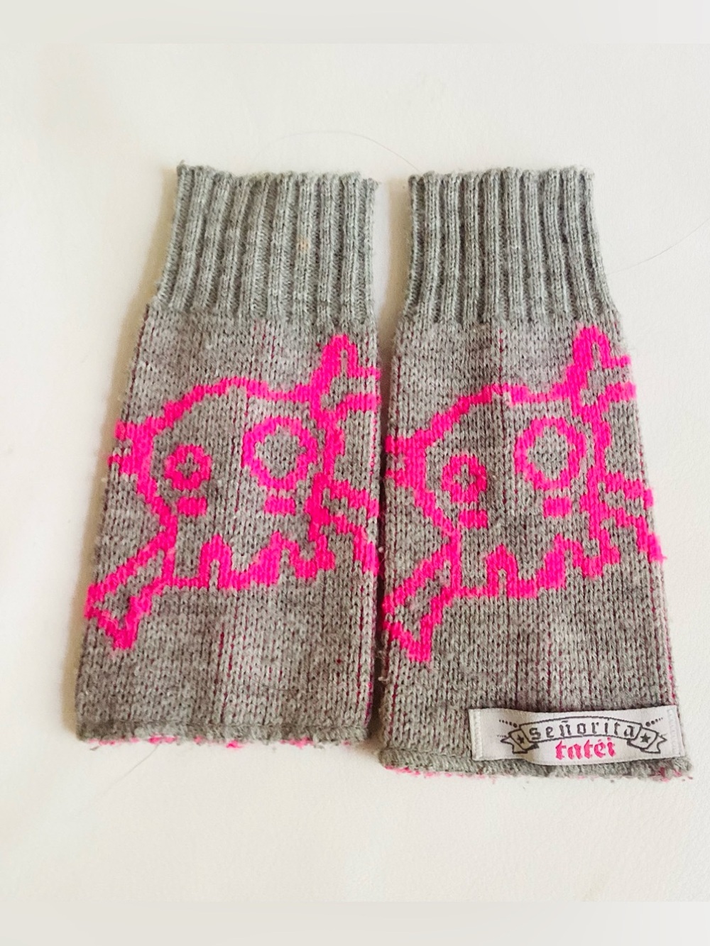 Grey & Hot Pink Skull Fingerless Mittens by